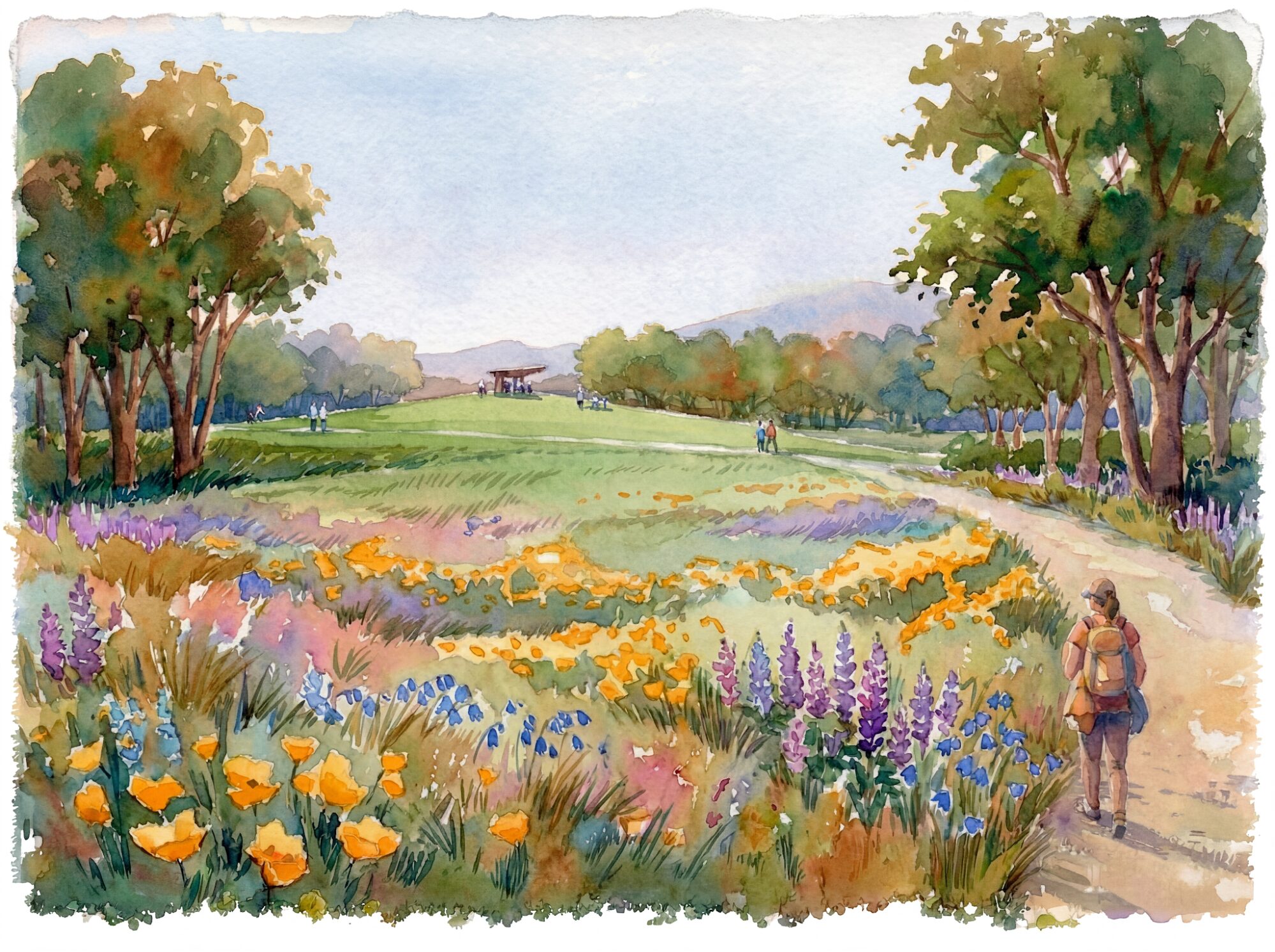 Nature Park Creek Wildflower Meadow - Watercolor Illustration